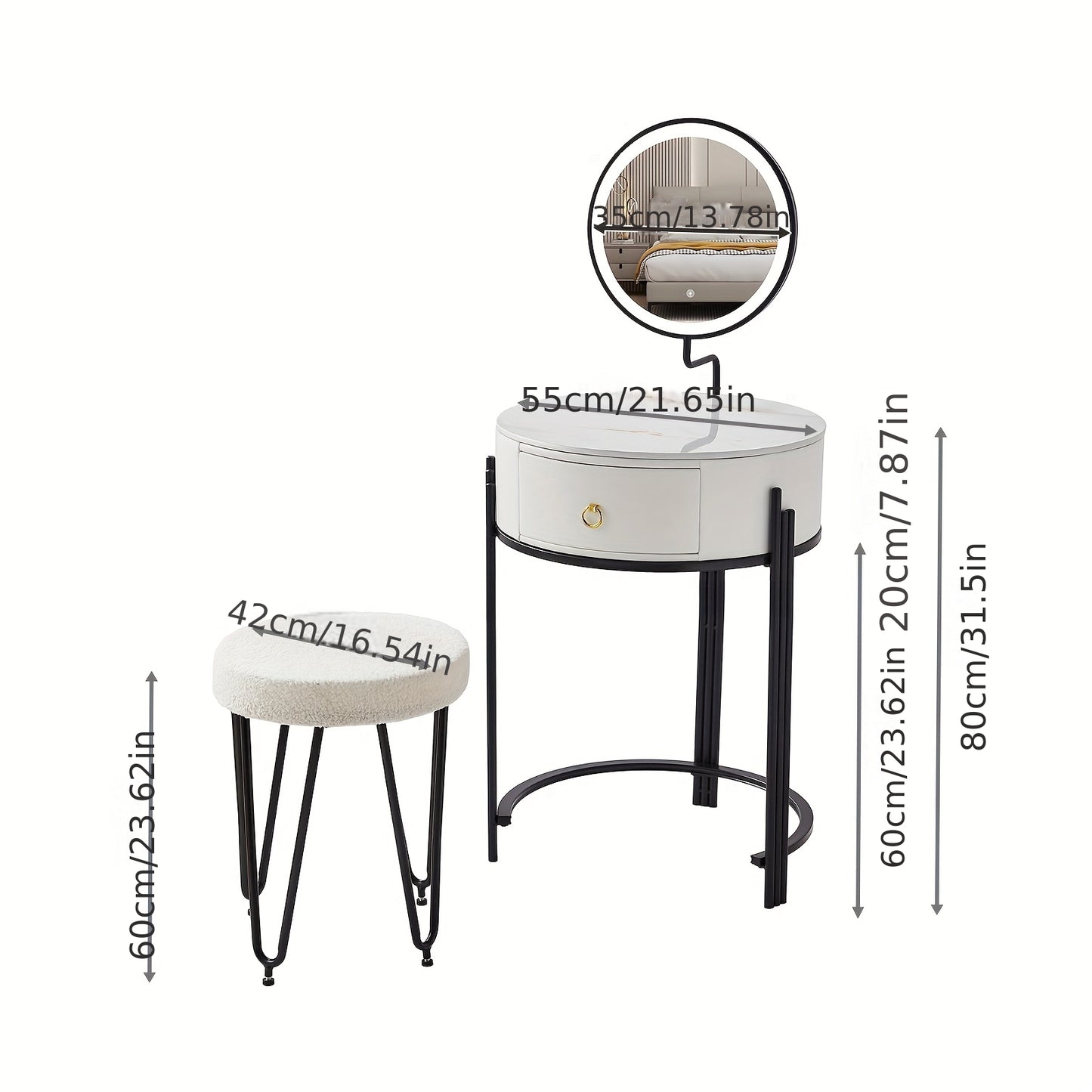 Make-up Vanity – Make-uptafel – Schminktisch – Make-up Bureau – Make-up Meubel – Wit – Rond Design – Sintered Stone Blad – Inclusief Kruk en Spiegel