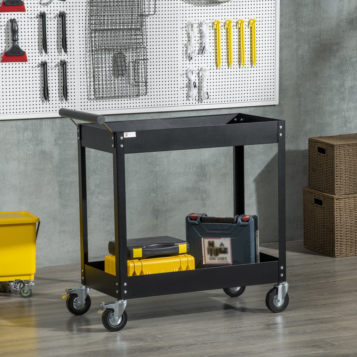 Werkplaatswagen – Gereedschapswagen – Werkplaatskar – Trolley – Opbergwagen – 2 Planken – Staal – Max. 150 kg – Zwenkwielen – Handgreep – Compact 84,5x38x84 cm – Zwart
