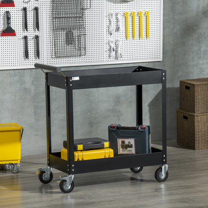 Werkplaatswagen – Gereedschapswagen – Werkplaatskar – Trolley – Opbergwagen – 2 Planken – Staal – Max. 150 kg – Zwenkwielen – Handgreep – Compact 84,5x38x84 cm – Zwart