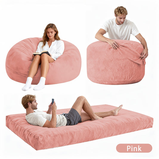Twee-in-één Zitzak – Zitzakbed – Slaapstoel – Loungezak – Slaapzitter – Roze – Flanellen Hoes – Ergonomische Sponsvulling