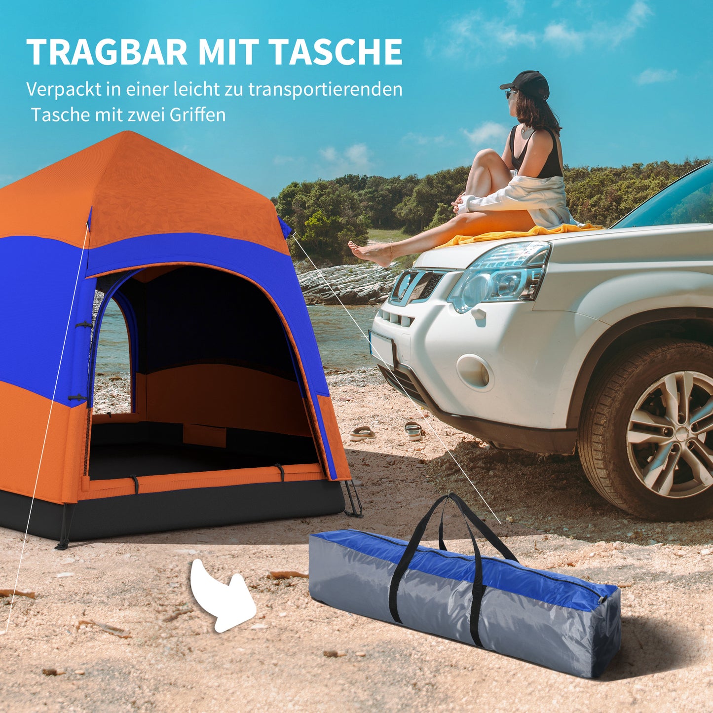 Tent – Kampeertent – Pop-up Tent – Familietent – Outdoor Tent – Snel Opzetbaar – Waterafstotend Polyester – Inklapbaar – 4-6 Personen – Met Muskietennet – Inclusief Draagtas – Oranje Blauw – 275x275x170 cm