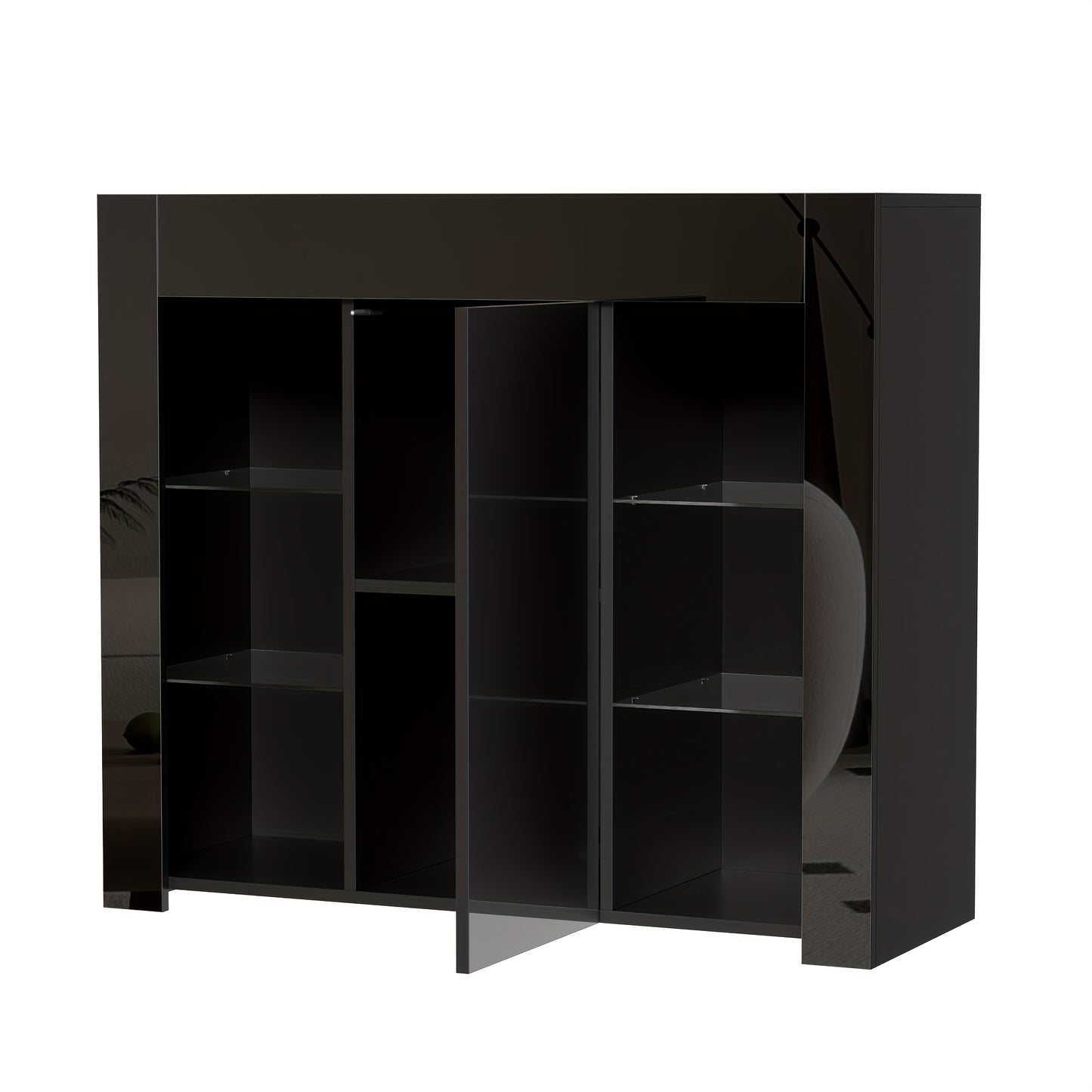 Modern Black Metal Sideboard with Glass Shelves & Doors - High-Gloss Compact Storage Cabinet, Space-Saving Contemporary Furniture for Living Room, Dining Room, Kitchen - 95x35x83cm, Durable Metal Construction & Glass Doors, A