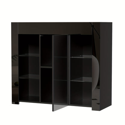 Modern Black Metal Sideboard with Glass Shelves & Doors - High-Gloss Compact Storage Cabinet, Space-Saving Contemporary Furniture for Living Room, Dining Room, Kitchen - 95x35x83cm, Durable Metal Construction & Glass Doors, A