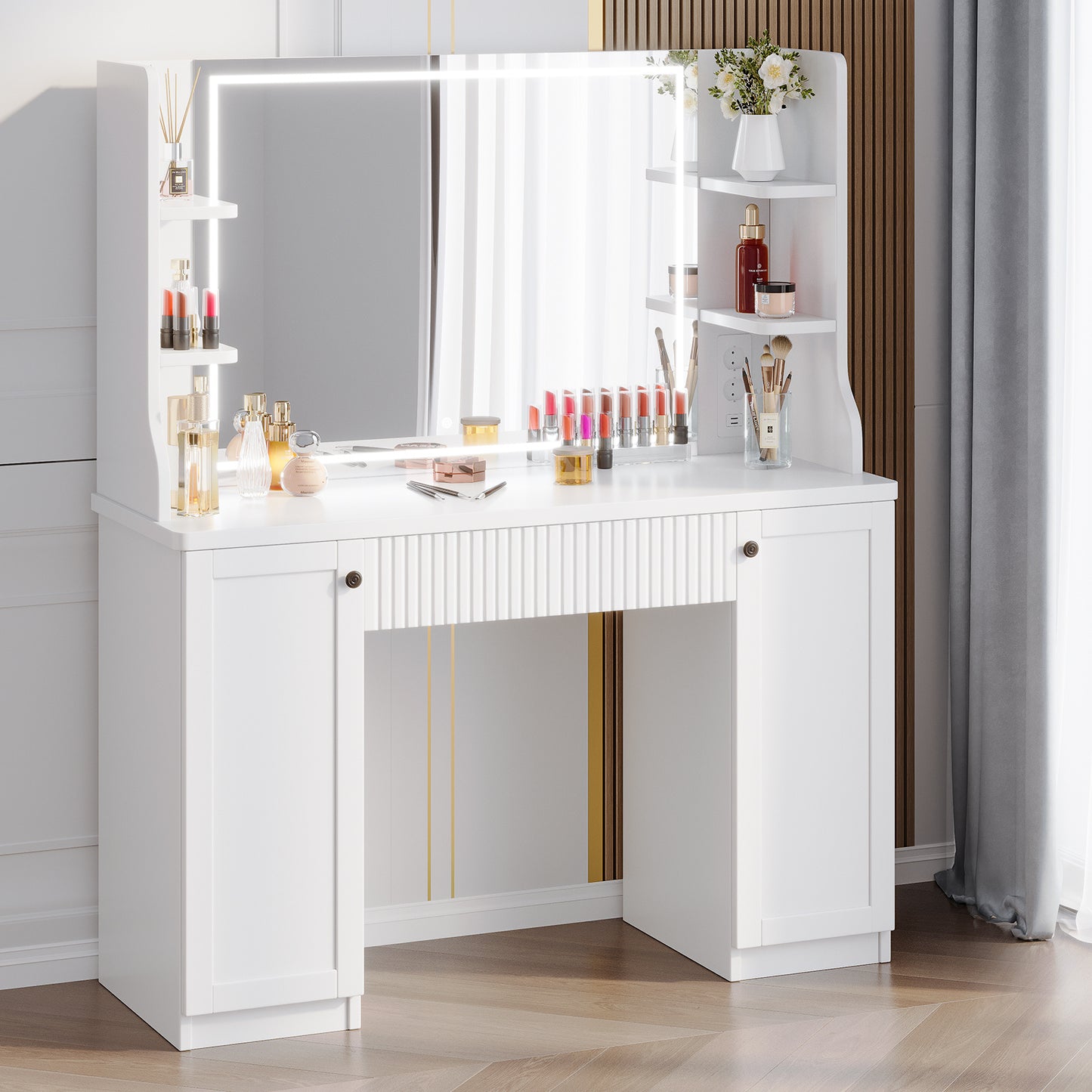 Make-up Tafel – Make-up Bureau – Kaptafel – Schoonheidstafel – Visagie Tafel – Wit Hout & Glas – 90 cm Breedte – 3,2 Kubieke Voet Opbergruimte – Inclusief Zachte Zitbank