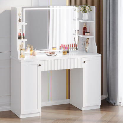 Make-up Tafel – Kaptafel – Dressing Table – Make-up Desk – Schminktisch – Wit Hout & Glas – 110 cm Breed – 2 Laden & Verstelbare Planken – Zachte Kruk – Compact & Functioneel
