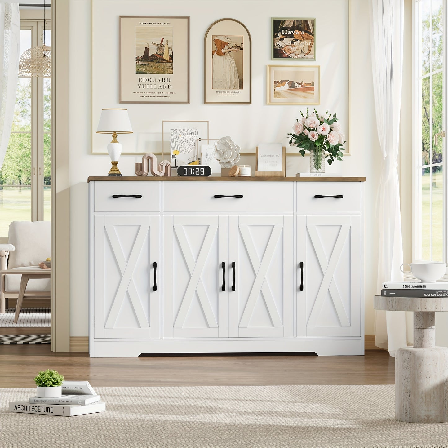 Sideboard – Dressoir – Kast – Opbergkast – Buffetkast – Wit Met Bruin Hout – 140 cm Breed – Verstelbare Planken – Kantelbeveiliging