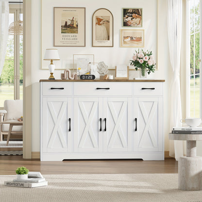 Sideboard – Dressoir – Kast – Opbergkast – Buffetkast – Wit Met Bruin Hout – 140 cm Breed – Verstelbare Planken – Kantelbeveiliging
