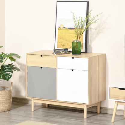HOMCOM Scandinavian Style Kitchen Buffet, 2-Door Wardrobe with Sliding Drawers in Multicolor White Light Gray Wood