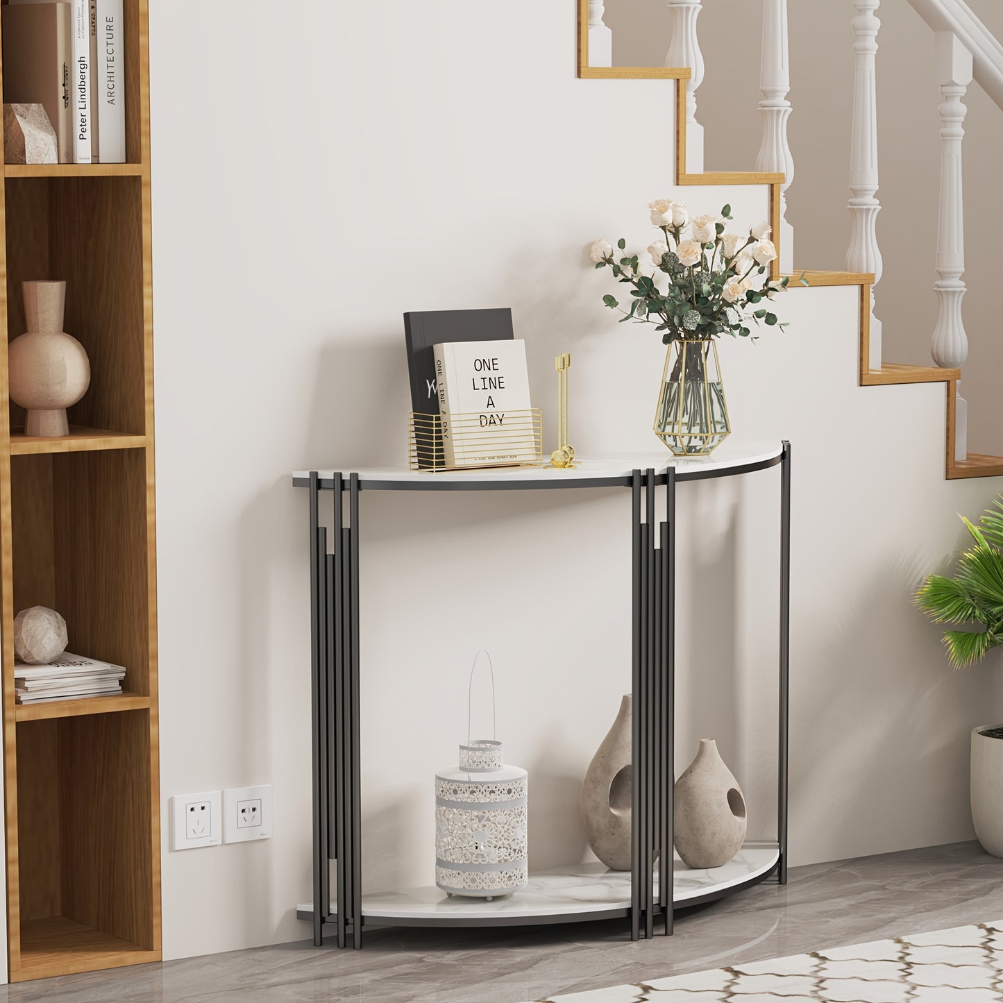 Sidetable – Haltafel – Sofa Tafel – Bijzettafel – Accenttafel – Halfrond Design – Gelaagd Met Sintersteen – 100x30x78 cm – Modern Minimalistisch – Zwart Metaal Frame