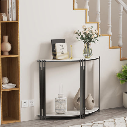 Sidetable – Haltafel – Sofa Tafel – Bijzettafel – Accenttafel – Halfrond Design – Gelaagd Met Sintersteen – 100x30x78 cm – Modern Minimalistisch – Zwart Metaal Frame