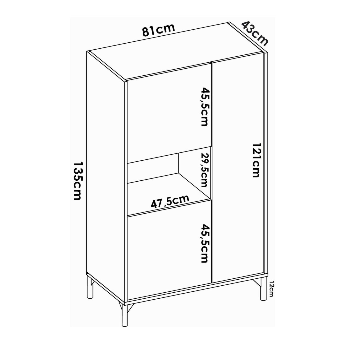 Crono Credenza, High Living Room Buffet, Modern 3-Door Sa Sideboard, 81X43H135 Cm, Available in 3 Colors