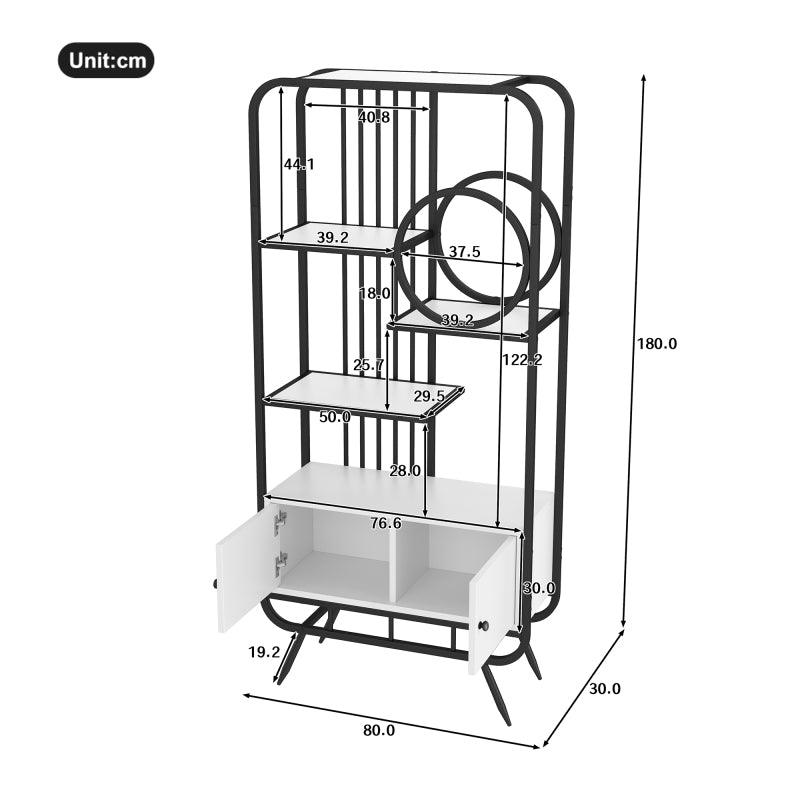 80 X 30 X 180 Cm Metal Shelving Unit, White Storage Cabinet with Double Doors, Three Shelves, Black Metal Frame, High Metal Feet, Round Decoration, White + Black