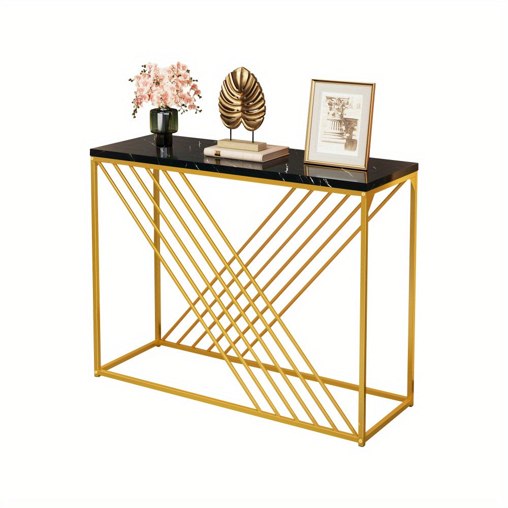 Sidetable – Entreetafel – Haltafel – Wandtafel – Bijzettafel – Zwart MDF Tafelblad – Gouden Metalen Onderstel – 100x35x77 cm – Stijlvol & Praktisch