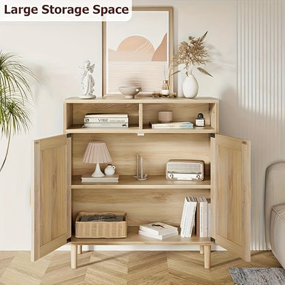Modern Rattan Dressoir – Kast – Opbergkast – Sideboard – Buffetkast – Kunststof Hout – Makkelijk Te Monteren – Natuurlijk Eiken Afwerking