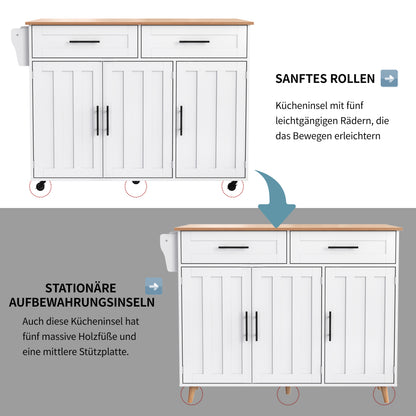 Modern White Mobile Kitchen Island with Folding-Top & Storage Cabinet, 2 Drawers & 4-Tier Shelving - 5-Wheeled Multi-Functional Furniture with Black Legs, Space-Saving Design for Small Kitchens & Dining Rooms, Easy Assembly,