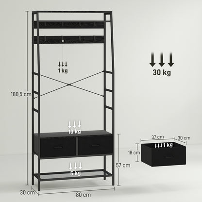 Kledingstandaard – Kledingrek – Jasrek – Schoenenrek – Stofladen – Industrieel Design – Stevig Metalen Frame – 8 Haakjes – Zwart