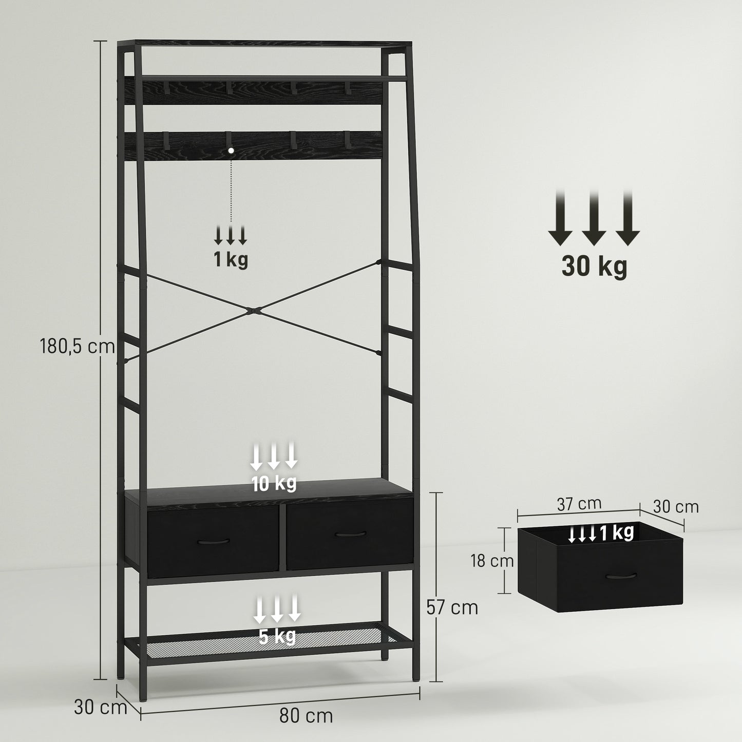 Kledingrek – Garderoberek – Kapstok – Kledingstandaard – Dressboy – Industrieel Design – Metaal – 2 Stoffen Lades – 8 Haken – Schoenenrek – Zwart – 80x30x180 cm – Stevig & Ruimtebesparend