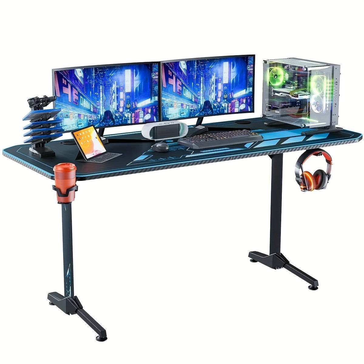 Gaming Bureau – Gaming Tafel – Game Desk – Computerbureau – PC Tafel – 160x75x75 cm – Carbon Fiber Muismat – Bekerhouder en Headsethaak
