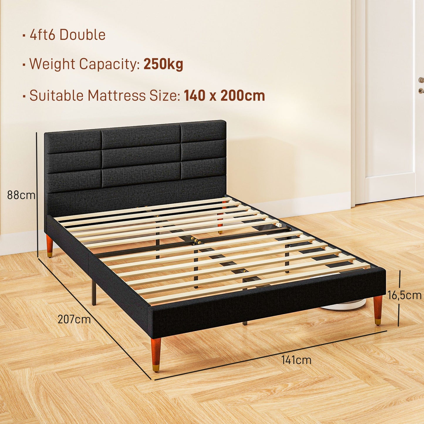 Tweepersoons Bedframe – Bedframe Met Opbergruimte – Bedbodem – Stalen Bedframe – Slatted Bed – 140x200 cm – Verhoogde Onderbedruimte – Gestoffeerd Hoofdbord Zwart