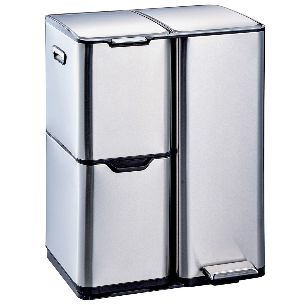 Prullenbak – Afvalbak – Afvalemmer – Pedaalemmer – Vuilnisbak – 60 Liter – Drie Compartimenten – RVS Geborsteld