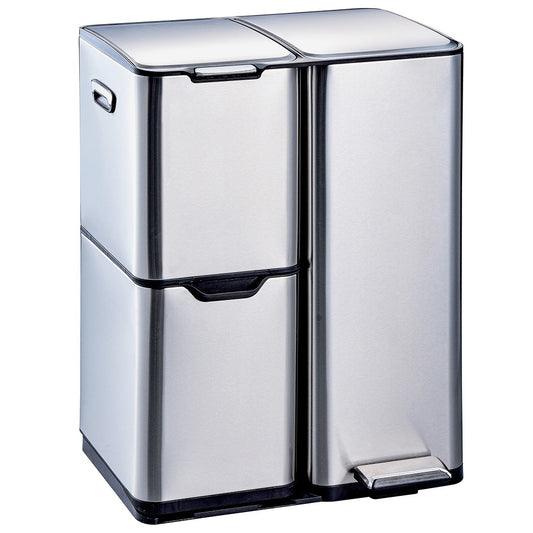 Prullenbak – Afvalbak – Afvalemmer – Pedaalemmer – Vuilnisbak – 60 Liter – Drie Compartimenten – RVS Geborsteld