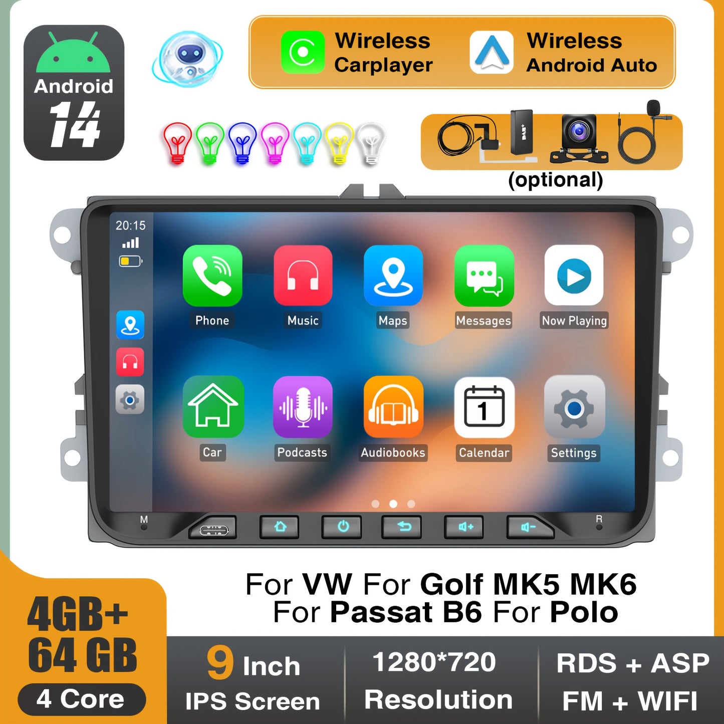 Multimedia Car Stereo – Autoradio – Navigatiesysteem – Touchscreen Radio – Inbouw Radio 22,86 cm – 9 Inch IPS Display – Android 14 Met Draadloze CarPlay & Android Auto