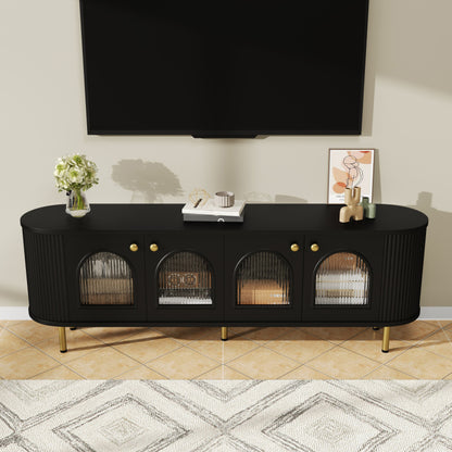Tv-meubel – Lowboard – TV-kast – Media meubel – TV-dressoir – Zwart MDF met glazen deuren – Gouden handgrepen en poten – Ruime opbergruimte – Afgeronde hoeken