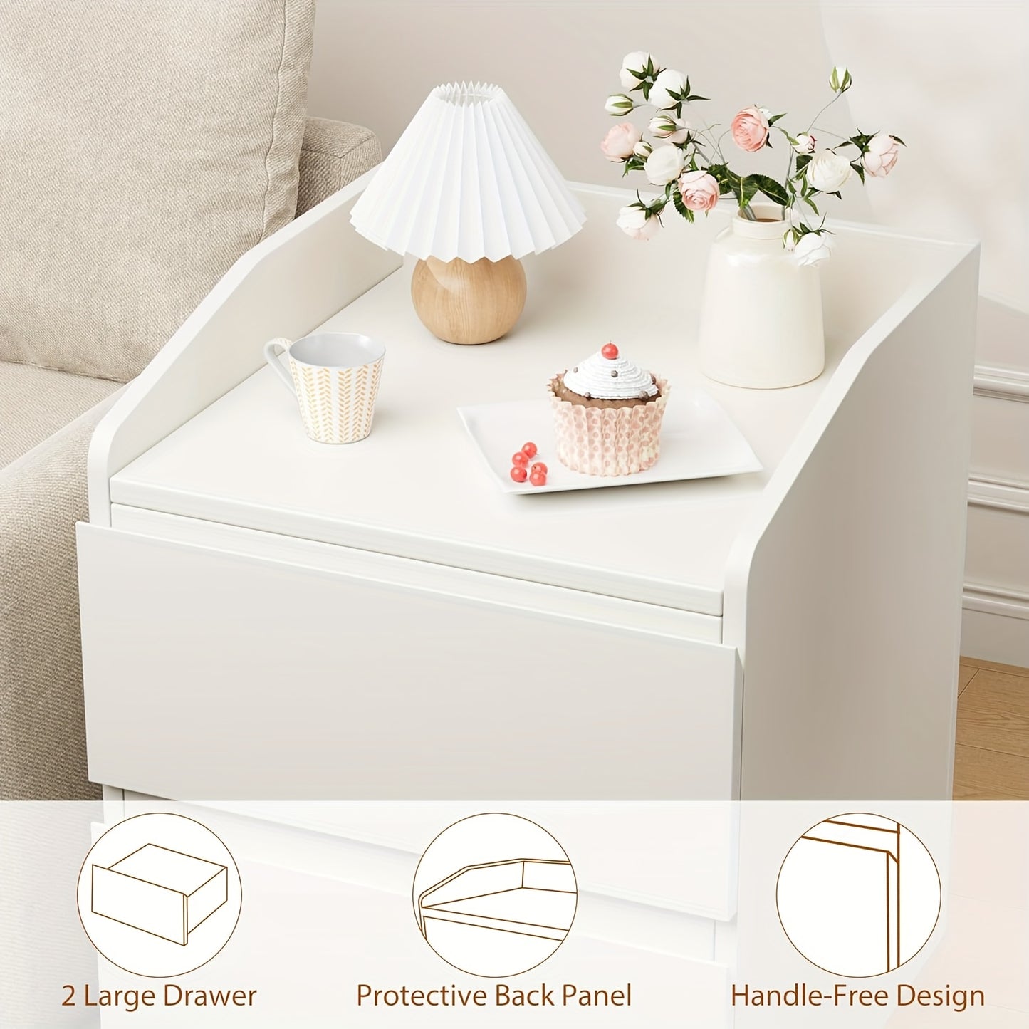 Nachtkastje – Bijzettafel – Ladekast – Opbergkast – Slaapkamerkast – Wit – Modern Design – 2 Lades – MDF Hout – Hoogte 69 cm – Compact & Duurzaam