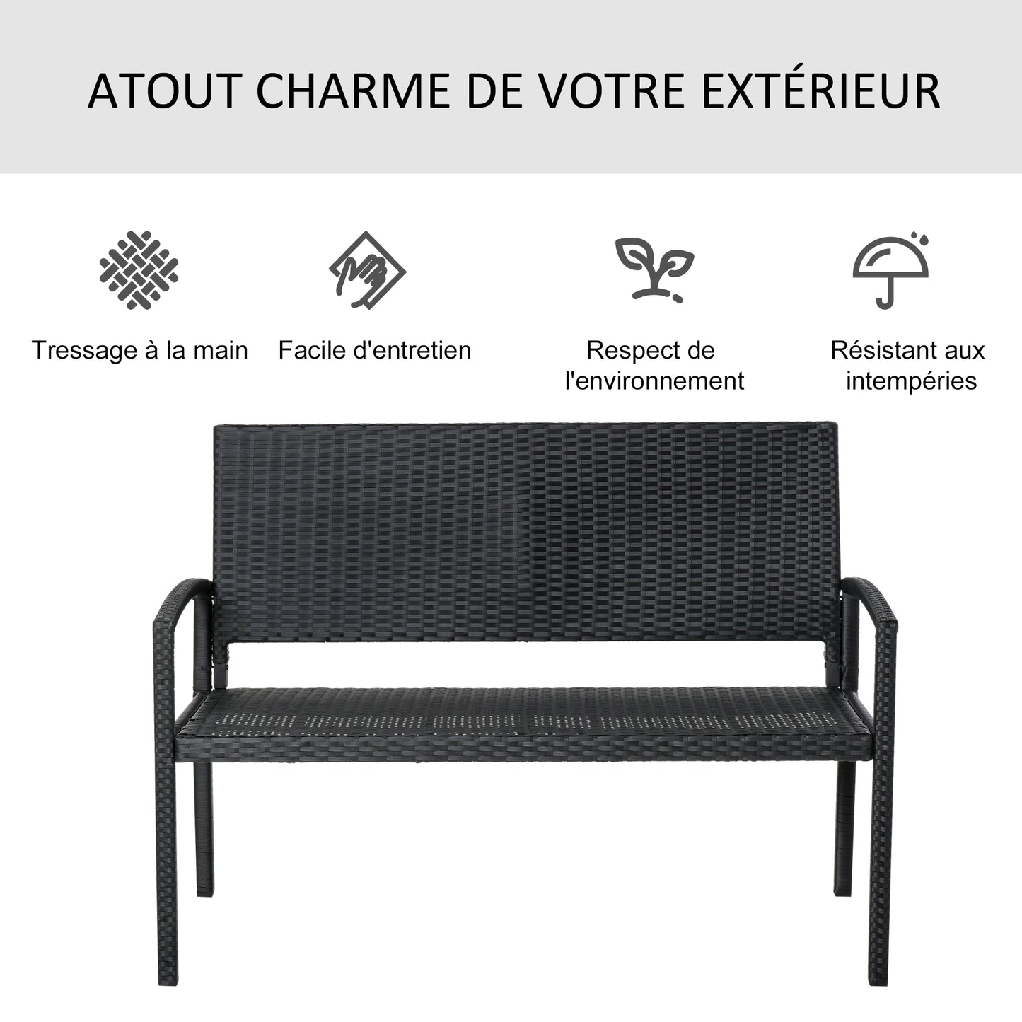 Tuinbank – Buitenbank – Tuinmeubel – Loungebank – Balkonbank – Zwart – Voor 2 Personen – Weerbestendig Epoxy Stalen Frame