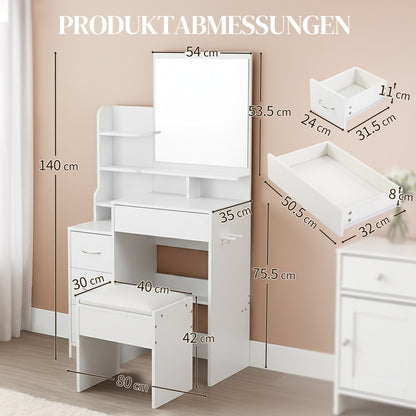 Kaptafel – Make-up Tafel – Dressing Table – Schminktisch – Vanity Table – Wit – 4 Laden Opbergruimte – Ingebouwde Föhnhouder