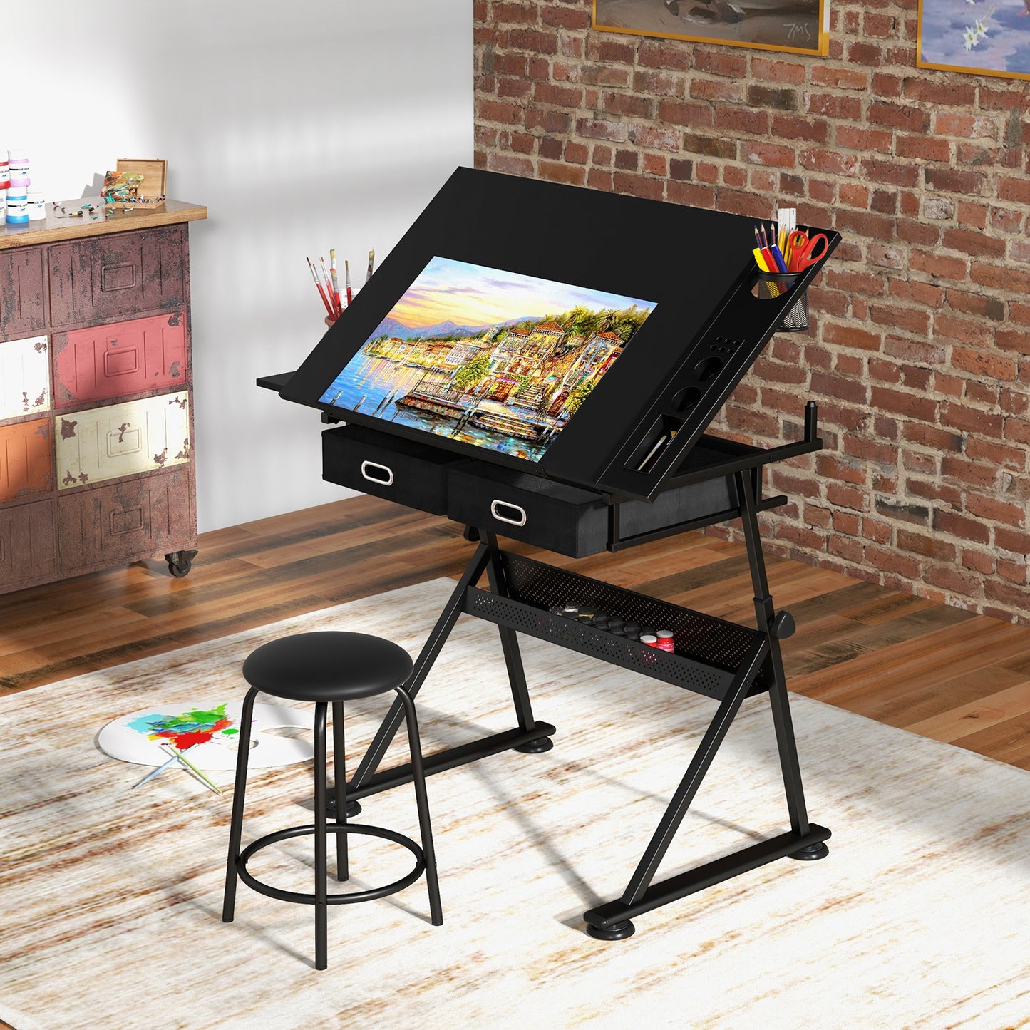 Tekentafel – Tekenbord – Tekentafel Met Kruk – Tekentafel Verstelbaar – Bureau – Verstelbare Hoogte 73,5-98 cm – Kantelbaar Tafelblad 0-60°