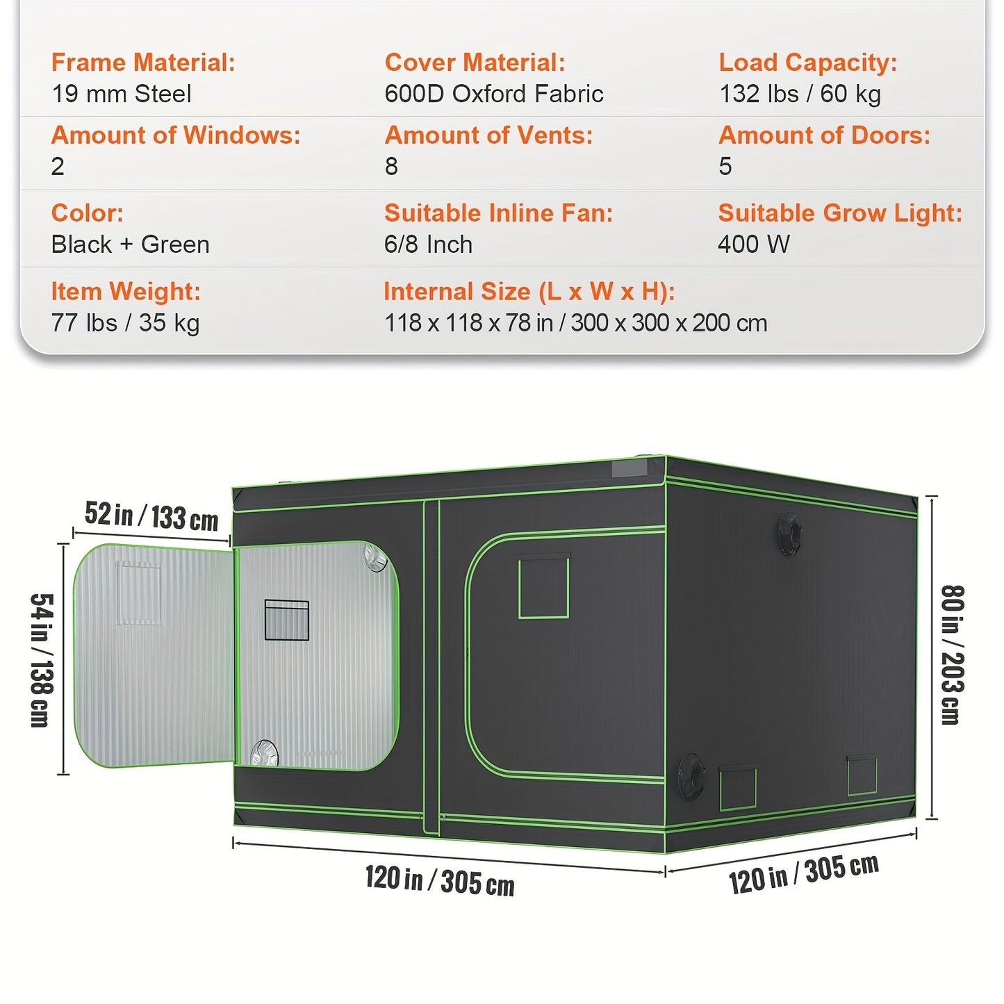 Kweektent – Growtent – Kweekkast – Growbox – Kweekruimte – 600D Oxford Stof – 120x120x80 inch – 19 mm Metalen Frame
