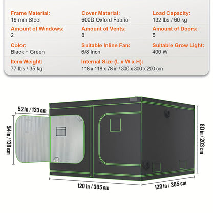 Kweektent – Growtent – Kweekkast – Growbox – Kweekruimte – 600D Oxford Stof – 120x120x80 inch – 19 mm Metalen Frame