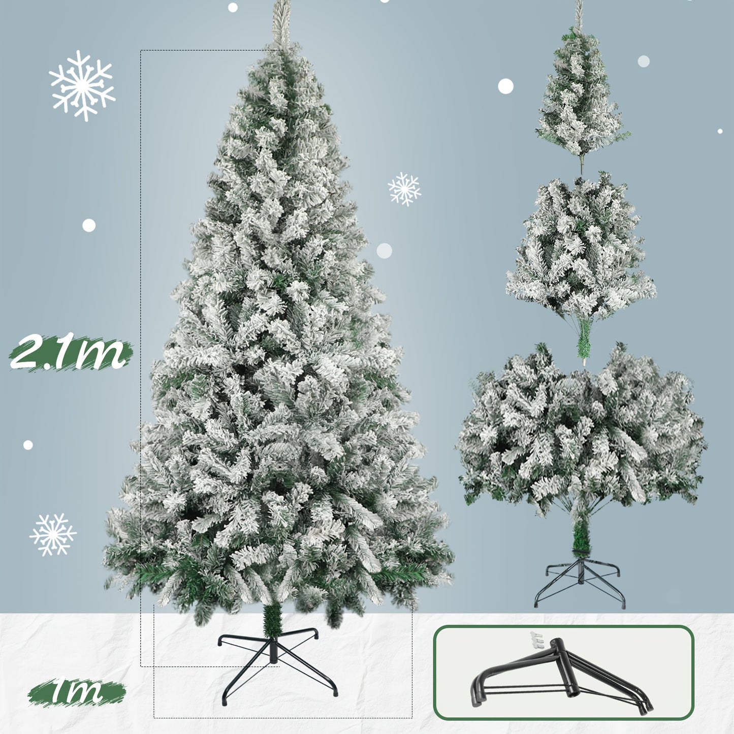 Kunstkerstboom – Kunstboom – Kerstboom Met Sneeuwvlokken – Nepspar – Flocked Kerstboom – 210 cm Hoog – Duurzaam PVC Met Inklapbare Metalen Stand