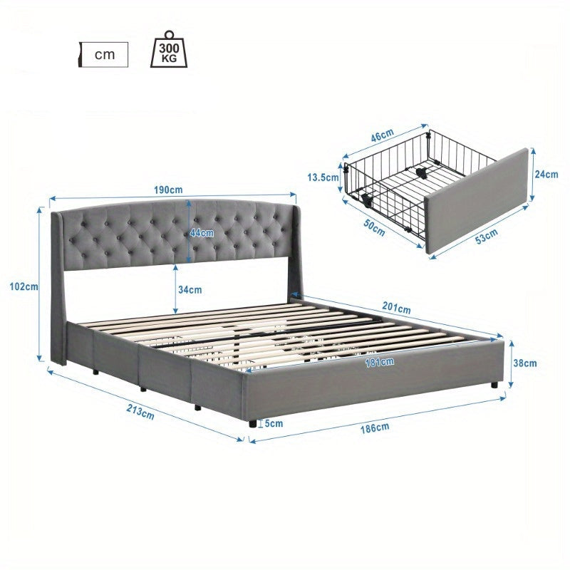 Bedframe – Stoffen Bed – Tweepersoonsbed – Opbergbed – Slaapbank – 180x200 cm – Met 4 Opberglades – Stevige Draadbodem
