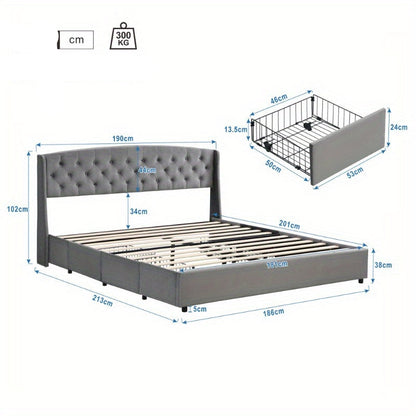 Bedframe – Stoffen Bed – Tweepersoonsbed – Opbergbed – Slaapbank – 180x200 cm – Met 4 Opberglades – Stevige Draadbodem