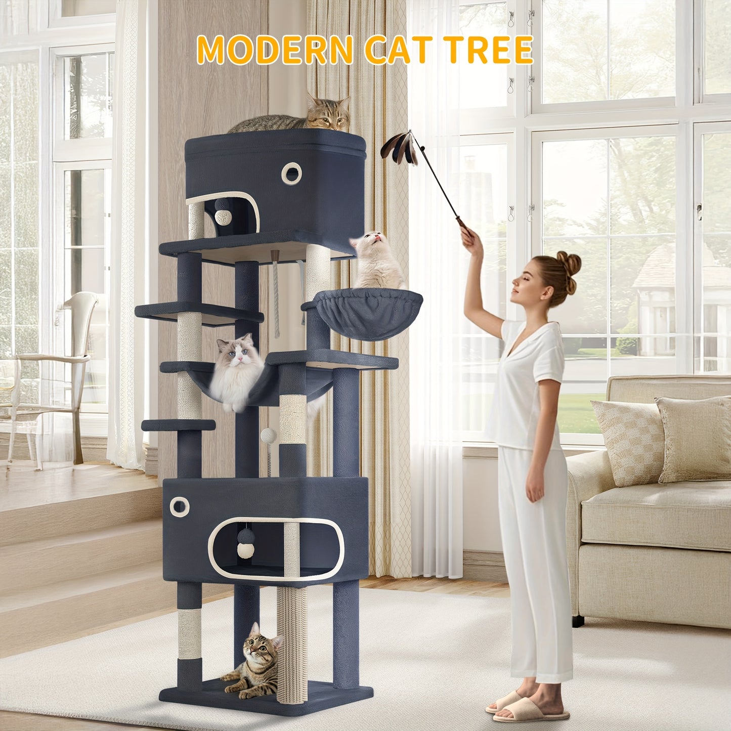 Cat Scratching Post with Large Platform, 2 Caves, 7 Scratching Posts, Pompoms, Loungers, Hammock, Suitable for All Cat Breeds, Light Grey/Dark Grey - QUORE