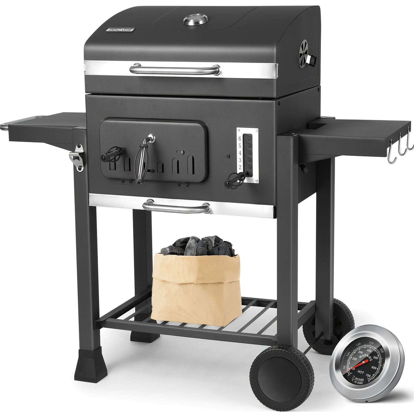 Houtskoolbarbecue – BBQ – Smoker – Kamado – Kogelbarbecue – Groot Grilloppervlak 54x41 cm – Met Deksel en Thermometer – Stevige Kar met Wieltjes – Metaal Grijs