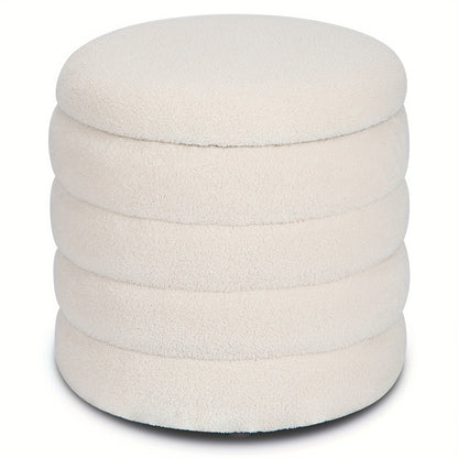 Opberg Poef – Opbergkruk – Zitkist – Hocker – Opbergbox – Rond – Wit – Polyester Bekleding – Flip-Top Deksel – Compact & Multifunctioneel