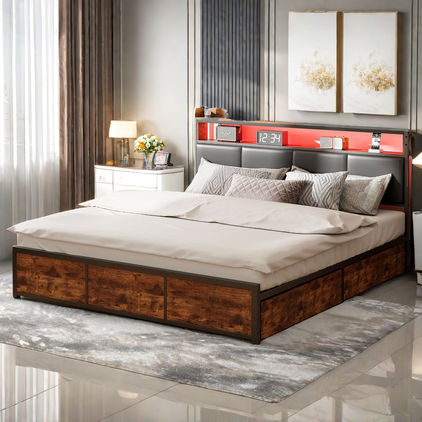 Queen Size Bed – Tweepersoonsbed – Led Bed – Kunstleer Bed – Opbergladens Bed – 180x200 Cm – Verstelbare Hoofdbord – Ingebouwde USB & LED-Verlichting
