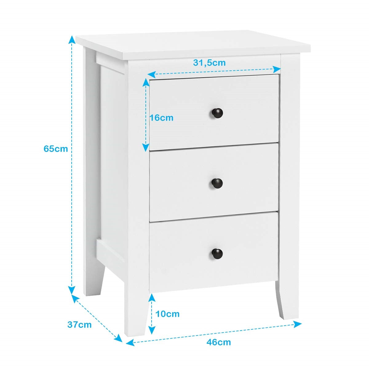 Nachtkastje – Bedtafel – Bedzijtafeltje – Nachtkast – Opbergkast – 2 stuks – 3 lades – Wit MDF – 46x37x65 cm