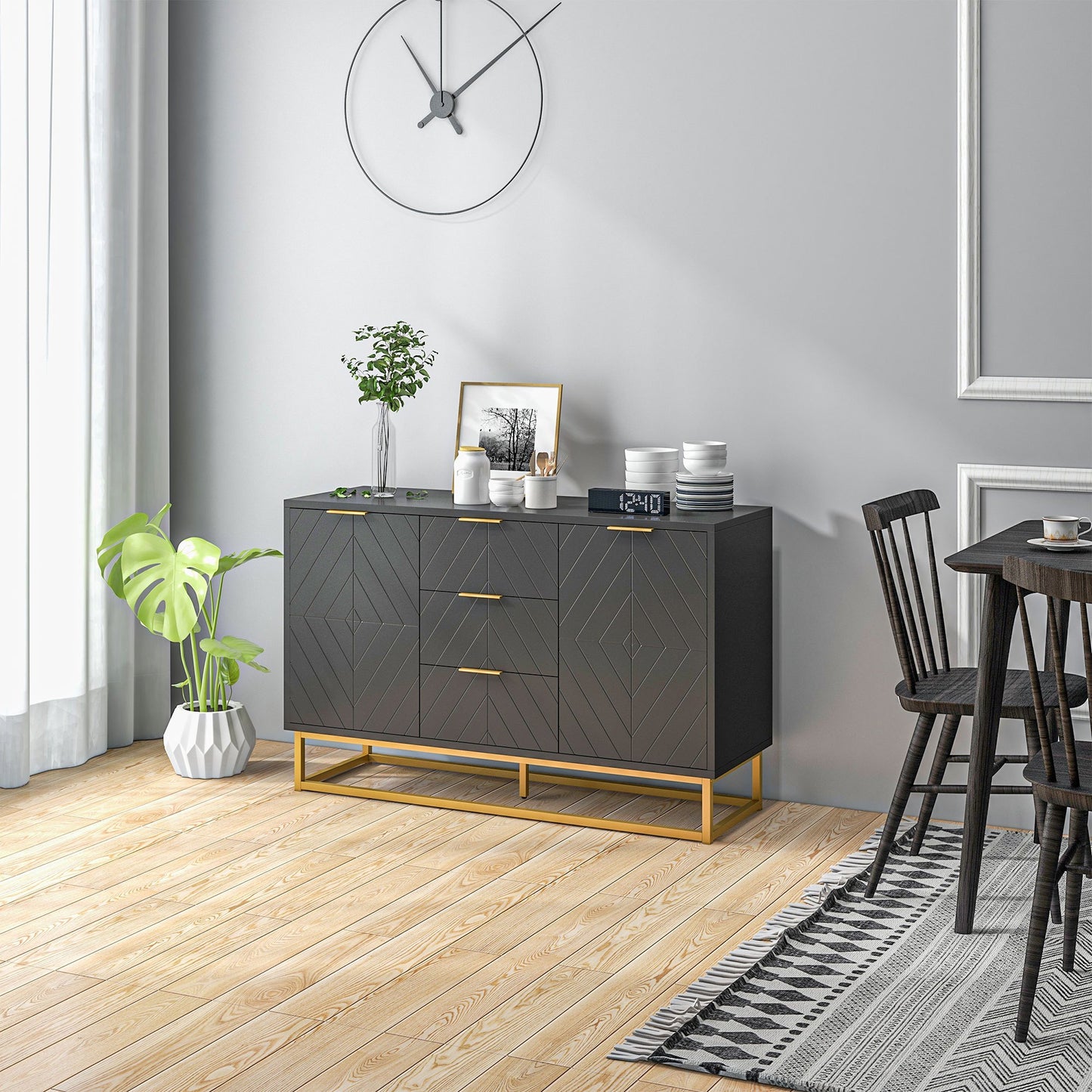 Buffet – Dressoir – Opbergkast – Sideboard – Zwarte houtlook met gouden accenten – Verstelbare planken en 3 schuifladen – Krasbestendig MDF – Anti-kantel veilig