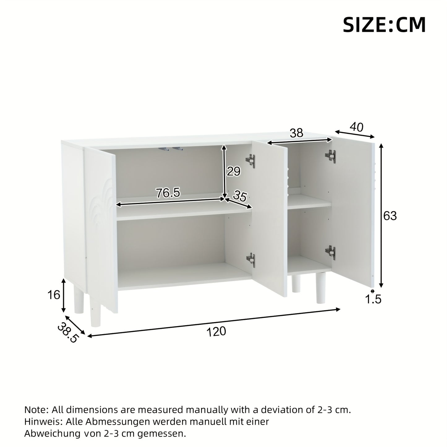 Large Capacity Modern Metal Storage Cabinet with 3 Doors & Adjustable Partitions - Heavy-Duty Contemporary Sideboard with Spacious Drawers, 120x38.5x79cm, MDF-Like for Living Room, Bedroom, Hallway - Space-Saving Furniture