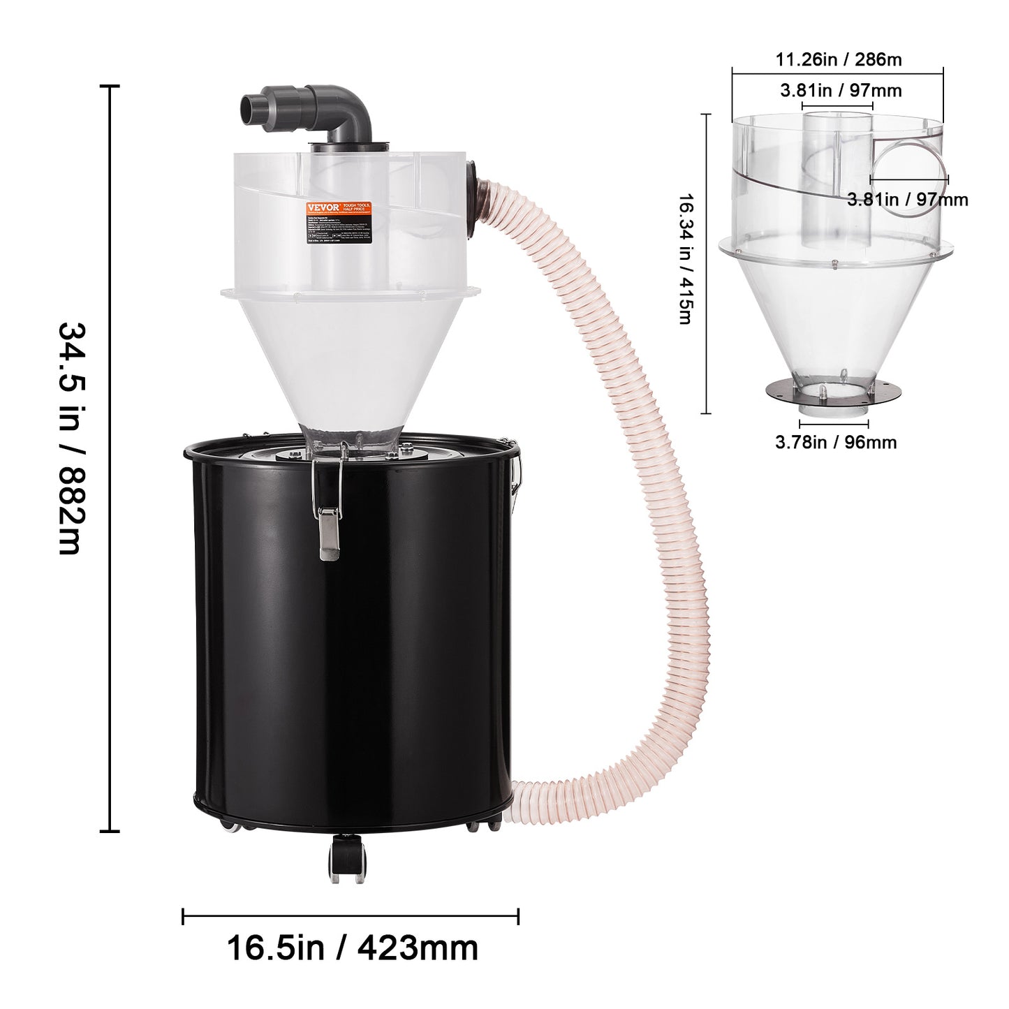 Stofafscheider – Cycloonfilter – Stofzuiger Voorafscheider – Stofvanger – Stofopvangtank – Transparant Ontwerp – 50L Metalen Tank
