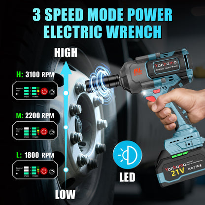 Yanhama 21V Cordless Impact Wrench with Brushless Motor, 1400Nm Torque, 3-Speed Adjustment, LED Work Light, Dual Batteries & Charger, Ergonomic Handle for Professional & DIY Projects, Cordless Impact Wrench, Robust Tool Desig