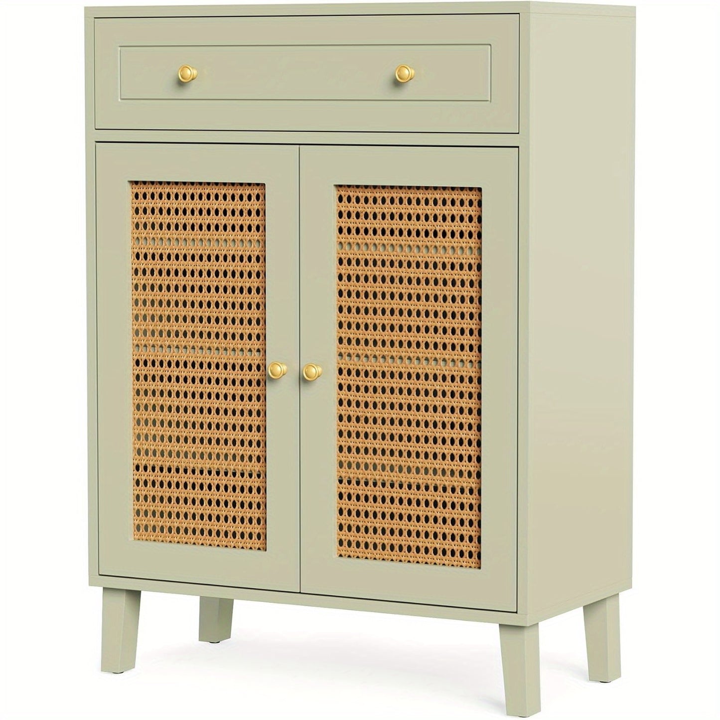 Schoenenkast – Schoenenrek – Schoenenopberger – Halkast – Schoenenkast Smal – Mintgroen Met Rattan Deuren – 4 Verstelbare Planken – Vrijstaand 80x40x111 cm