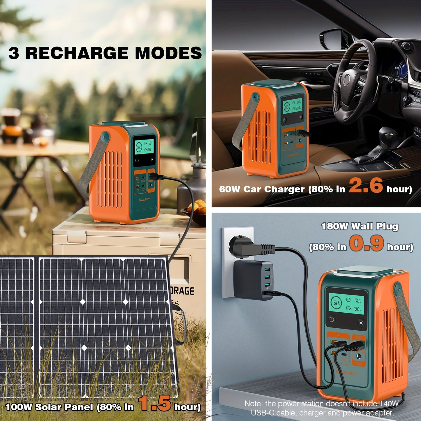 Zonnegenerator – Draagbaar Powerstation – Noodstroomvoorziening – Camping Accu – Mobiele Stroomvoorziening – 192Wh LiFePO4 Batterij – 140W Snelladen Met 100W Zonnepaneel