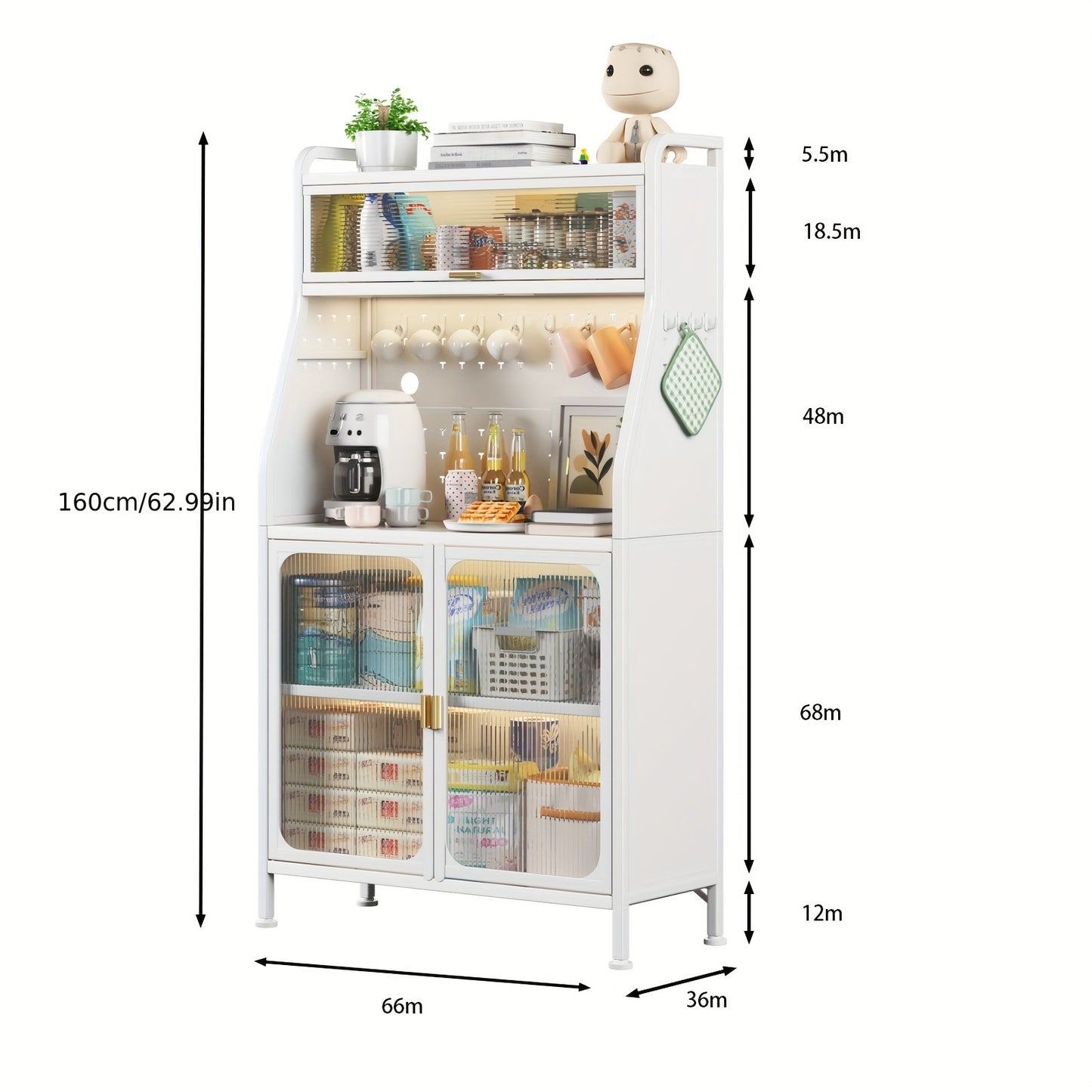 Keukenkast – Opbergkast – Buffetkast – Magnetronkast – Koffiebarkast – Verstelbare Planken – Gietijzeren Materiaal – Wit Design