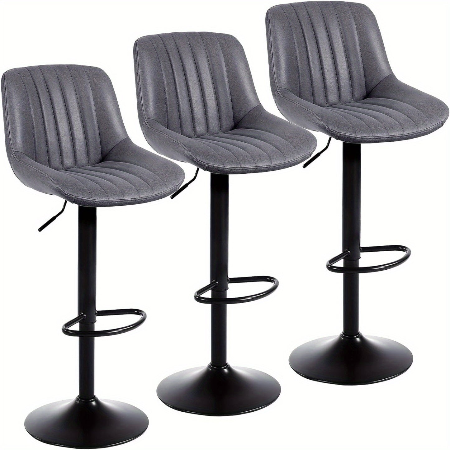 Barkrukken – Barkruk Set – Barstoelen – Keukenkrukken – Krukjes – Set van 3 – Verstelbare Zithoogte – 360° Draaibare Zitting – Met Rugleuning – Kunstleren Bekleding – Grijs