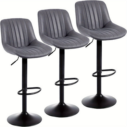 Barkrukken – Barkruk Set – Barstoelen – Keukenkrukken – Krukjes – Set van 3 – Verstelbare Zithoogte – 360° Draaibare Zitting – Met Rugleuning – Kunstleren Bekleding – Grijs